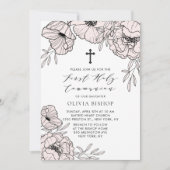 Invitation Fleurs roses blanches modernes Première communion  (Devant)