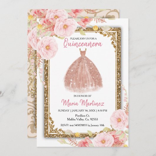 Invitation Fleurs roses blanches roses Quinceanera (Devant / Derrière)