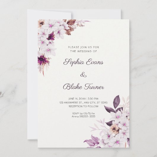 Invitation Fleurs Roses Blanches Rustiques Bohème Mariage Bla (Devant)