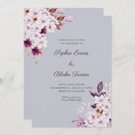 Invitation Fleurs roses blanches rustiques Boho Cloud Mariage (Devant / Derrière)