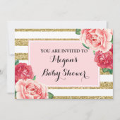 Invitation Fleurs roses Bleu Baby shower de rayures or (Devant)