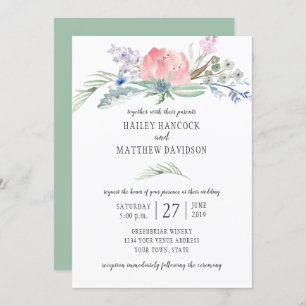 Invitation Fleurs roses bleues de Sage Green Mariage de verdu
