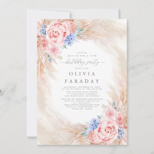 Invitation Fleurs Roses Bleues Dusty Pampas Grass Anniversair (Devant)