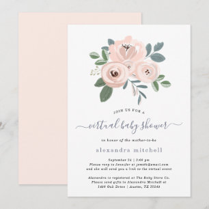Invitation Fleurs Roses Bleues Élégantes Baby shower virtue