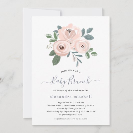 Invitation Fleurs Roses Bleues Élégantes | Bébé Brunch (Devant)