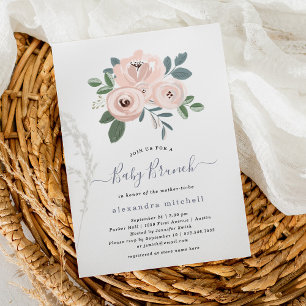 Invitation Fleurs Roses Bleues Élégantes   Bébé Brunch