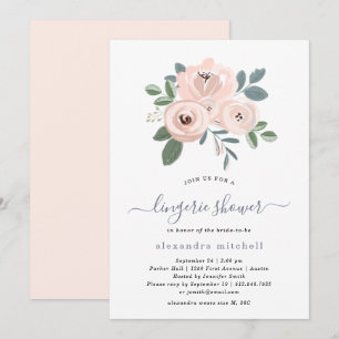 Invitation Fleurs Roses Bleues Élégantes Douche Lingerie