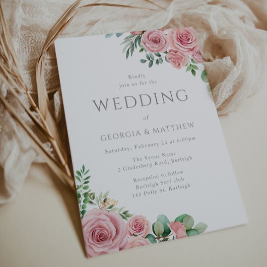 Invitation Fleurs Roses Bleues Élégantes Mariage