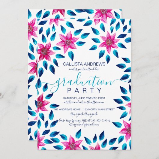 Invitation Fleurs Roses Bleues Feuille Acrylique Peinture Gra (Devant / Derrière)