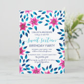 Invitation Fleurs Roses Bleues Feuilles Paint Acrylique Douce (Debout devant)