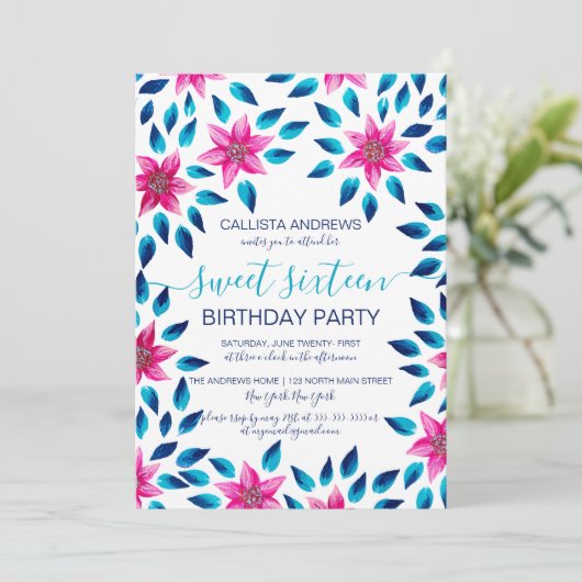 Invitation Fleurs Roses Bleues Feuilles Paint Acrylique Douce (Debout devant)