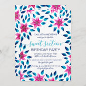 Invitation Fleurs Roses Bleues Feuilles Paint Acrylique Douce (Devant / Derrière)