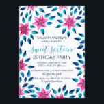 Invitation Fleurs Roses Bleues Feuilles Paint Acrylique Douce<br><div class="desc">Cette invitation à fêter un sweet sixteen d'été au printemps et à l'été, élégante et moderne, est parfaite pour un événement élégant et élégant. Il présente des fleurs en acrylique peintes à la main rose néon, rose rousse, corail et argent avec des feuilles bleu marine et bleu aqua sur un...</div>