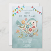 Invitation Fleurs roses Bleues Petites Oiseaux Fête d'Anniver (Devant)