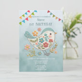 Invitation Fleurs roses Bleues Petites Oiseaux Fête d'Anniver (Debout devant)