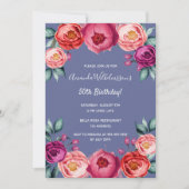 Invitation Fleurs roses bleues poussiéreuses luxe anniversair (Devant)