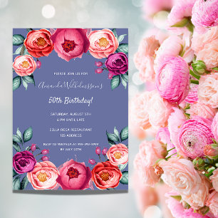 Invitation Fleurs roses bleues poussiéreuses luxe anniversair