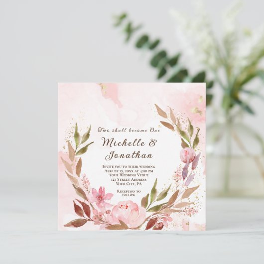 Invitation Fleurs roses bleues Wreath Mariage chrétien (Debout devant)