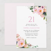 Invitation Fleurs Roses Blush Femmes 21ème anniversaire fête (Devant / Derrière)