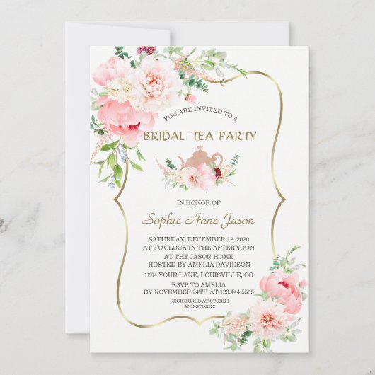 Invitation Fleurs Roses Blush Gold Bridal Tea Party (Devant)