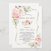 Invitation Fleurs Roses Blush Gold Bridal Tea Party (Devant / Derrière)