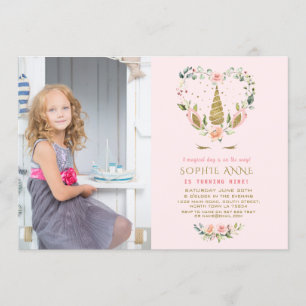 Invitation Fleurs Roses Blush Or Unicorne Photo Anniversaire