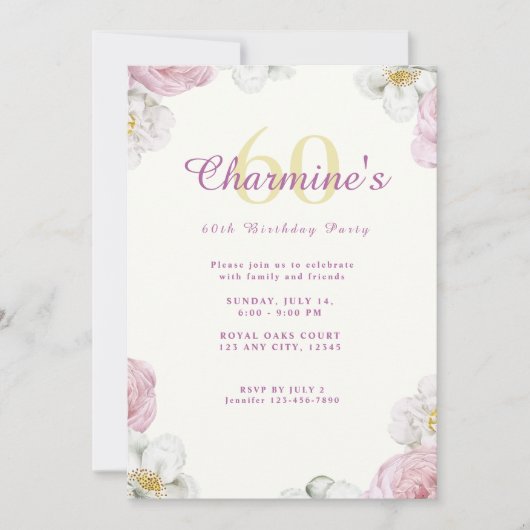 Invitation Fleurs roses Boho Élégante 60e fête d'anniversaire (Devant)