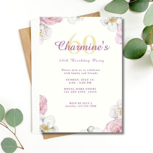 Invitation Fleurs roses Boho Élégante 60e fête d'anniversaire