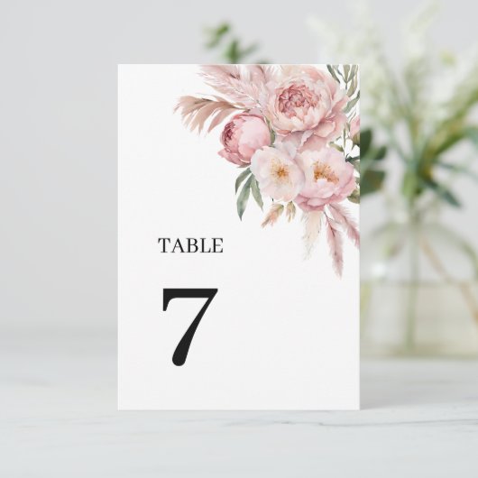 Invitation Fleurs roses Boho Pampas Numéros de la table de ba (Debout devant)