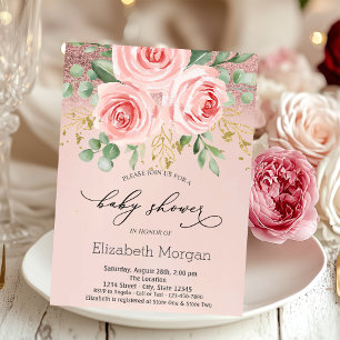 Invitation Fleurs roses, Bokeh scintillant Baby Shower