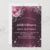 Invitation Fleurs roses bordeaux parties scintillant annivers (Devant)