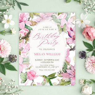 Invitation Fleurs roses botaniques nature fête d'anniversaire