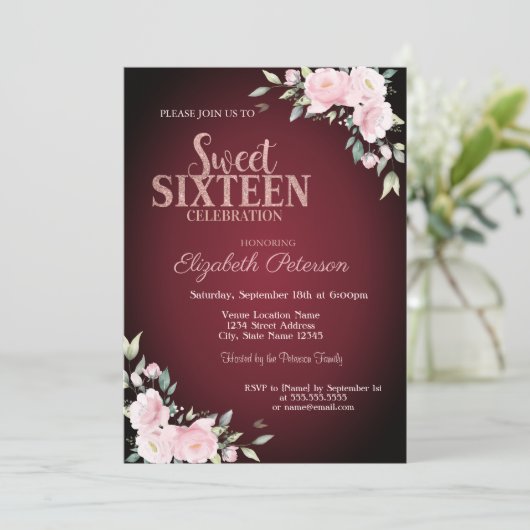 Invitation Fleurs roses Bourgogne Douce 16 (Debout devant)