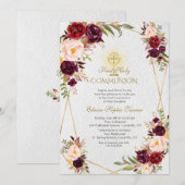 Invitation Fleurs roses Bourgogne Or Première Communion Saint (Devant / Derrière)