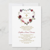 Invitation Fleurs roses Bourgogne Or Première Communion Saint (Devant)