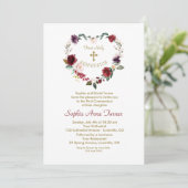 Invitation Fleurs roses Bourgogne Or Première Communion Saint (Debout devant)