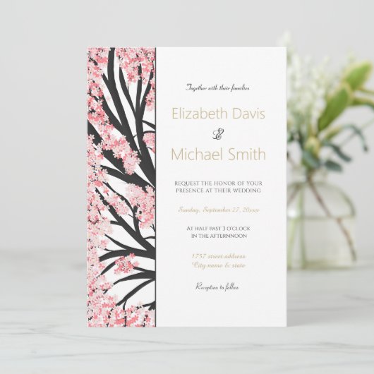 Invitation Fleurs roses cerises en fleurs (Debout devant)