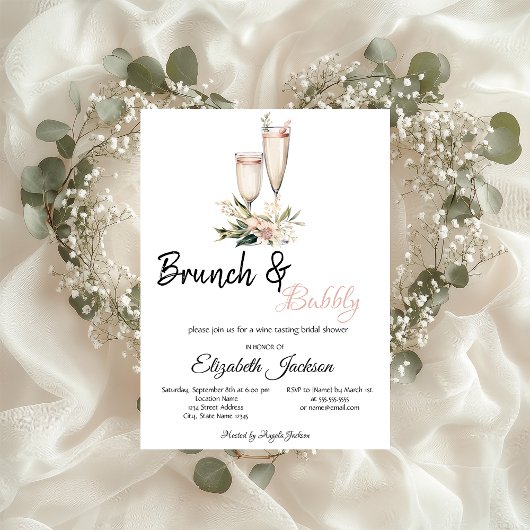 Invitation Fleurs roses Champagne Glass Brunch & Bubbly