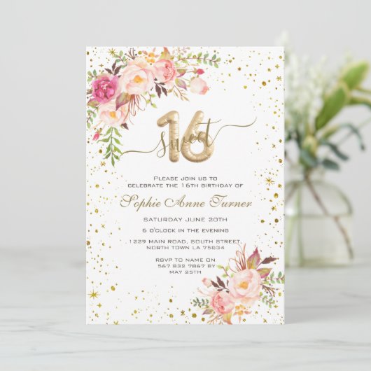 Invitation Fleurs roses Charming Gold Confetti Sweet 16 (Debout devant)