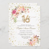 Invitation Fleurs roses Charming Gold Confetti Sweet 16 (Devant / Derrière)