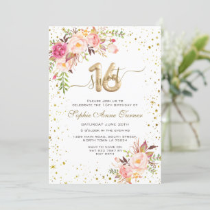 Invitation Fleurs roses Charming Gold Confetti Sweet 16