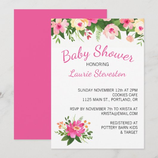 Invitation Fleurs roses chaudes et vertes Baby shower floral (Devant / Derrière)