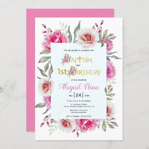 Invitation Fleurs roses chaudes fille baptême et 1er annivers