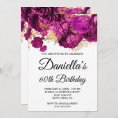 Invitation Fleurs roses chaudes Glam à huile d'or 60e anniver (Devant / Derrière)