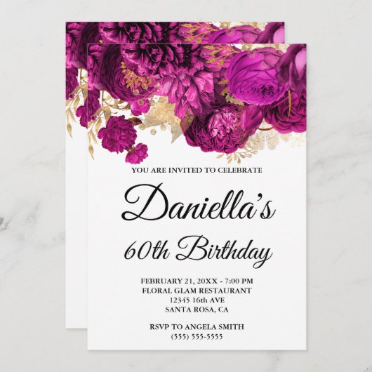 Invitation Fleurs roses chaudes Glam à huile d'or 60e anniver (Devant / Derrière)