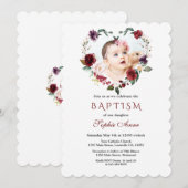 Invitation Fleurs roses Chic Bourgogne Photo Florale Baptême (Devant / Derrière)