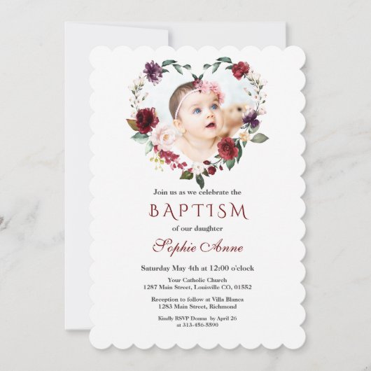 Invitation Fleurs roses Chic Bourgogne Photo Florale Baptême (Devant)
