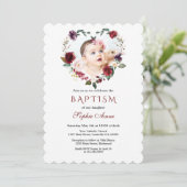 Invitation Fleurs roses Chic Bourgogne Photo Florale Baptême (Debout devant)