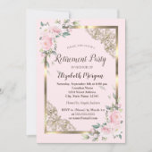 Invitation Fleurs roses chic cadre doré retraite (Devant)