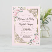 Invitation Fleurs roses chic cadre doré retraite (Debout devant)